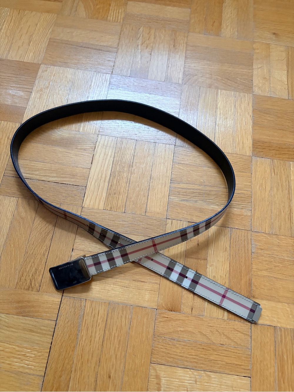 Burberry Beige Check Leather Belt with Black Trim